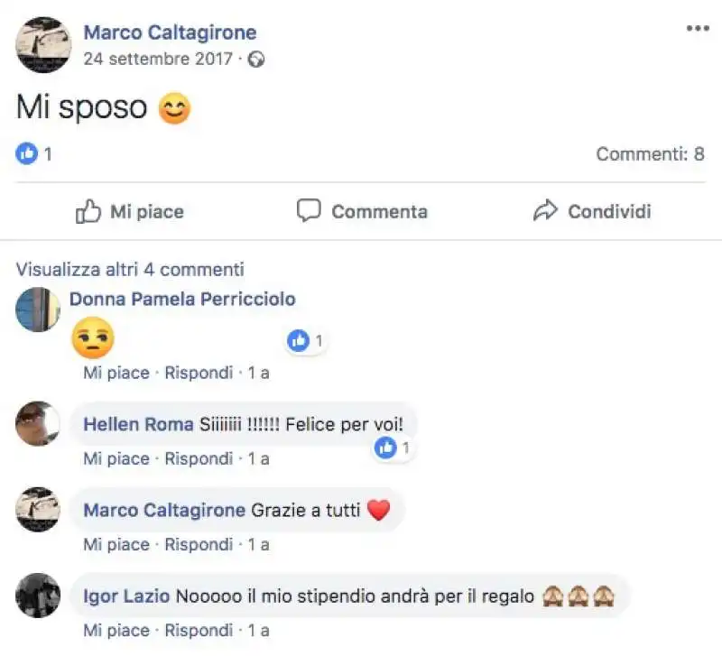 marco caltagirone annuncia di nuovo le nozze