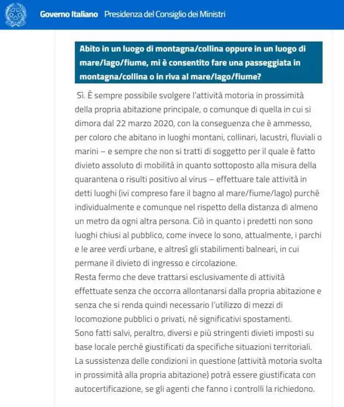 IL GOVERNO PRECISA SU ATTIVITA' MOTORIA E MARE/MONTAGNA