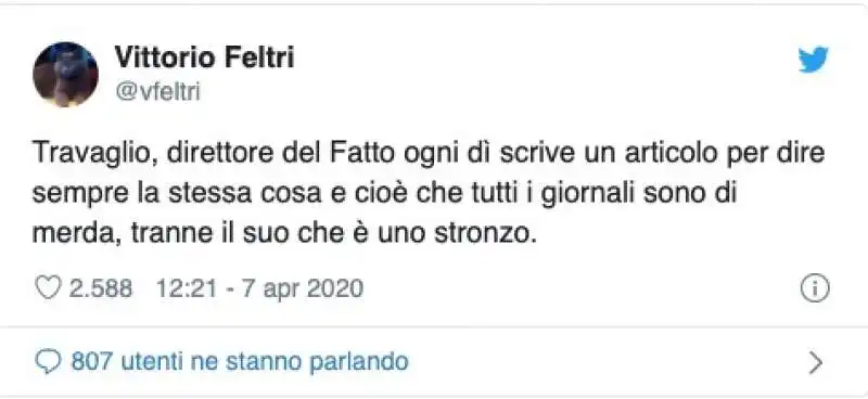 IL TWEET DI VITTORIO FELTRI CONTRO TRAVAGLIO