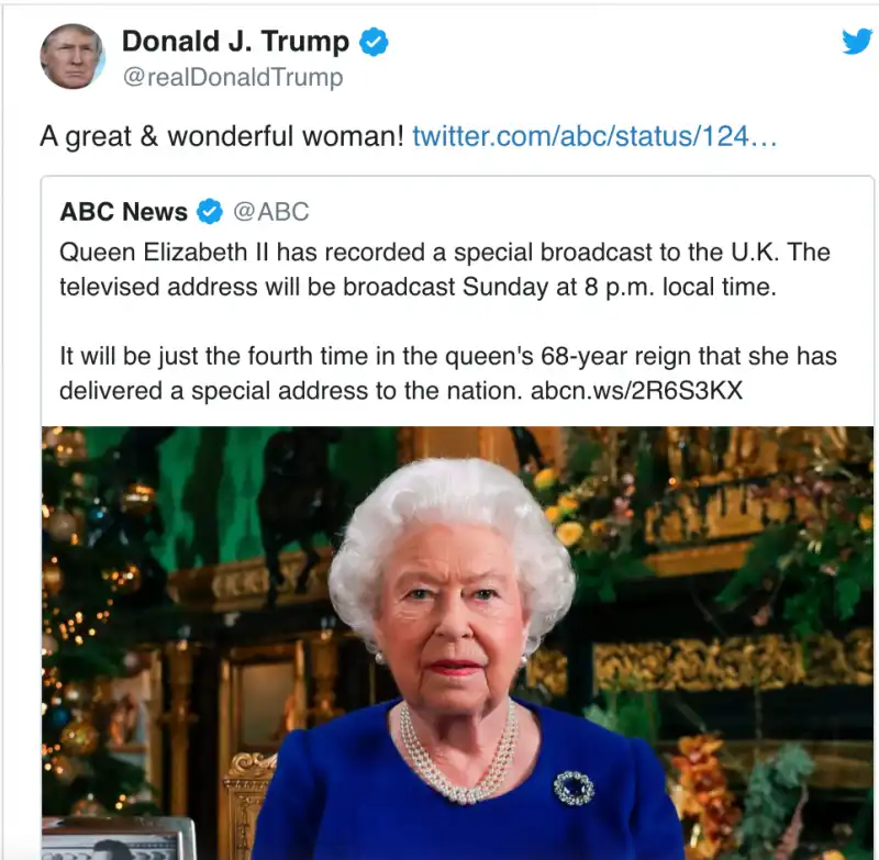 tweet trump dopo il discorso della regina elisabetta