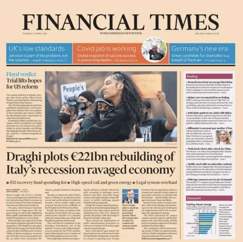 prima pagina del financial times del 22 aprile 2021 sul recovery plan di draghi