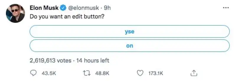 IL SONDAGGIO DI ELON MUSK PER IL TASTO MODIFICA SU TWITTER 