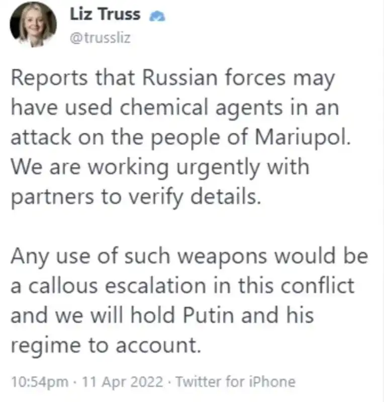 il tweet di liz truss sulle armi chimiche usate dai russi a mariupol