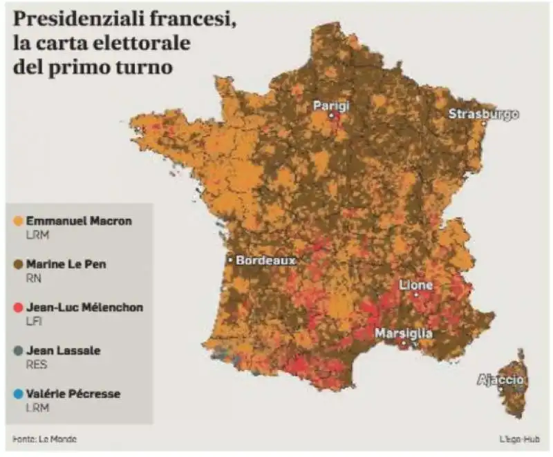 MAPPA DEI RISULTATI DEL PRIMO TURNO DELLE ELEZIONI PRESIDENZIALI FRANCESI 