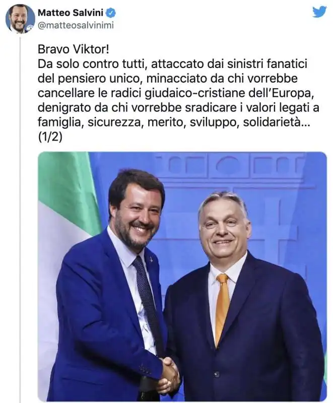 MATTEO SALVINI SI CONGRATULA CON ORBAN PER LA VITTORIA ALLE ELEZIONI 