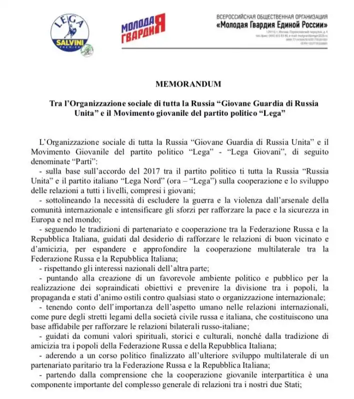 MEMORANDUM TRA IL MOVIMENTO GIOVANILE DELLA LEGA NORD E LA GIOVANE GUARDIA DI RUSSIA UNITA 1 DI 2