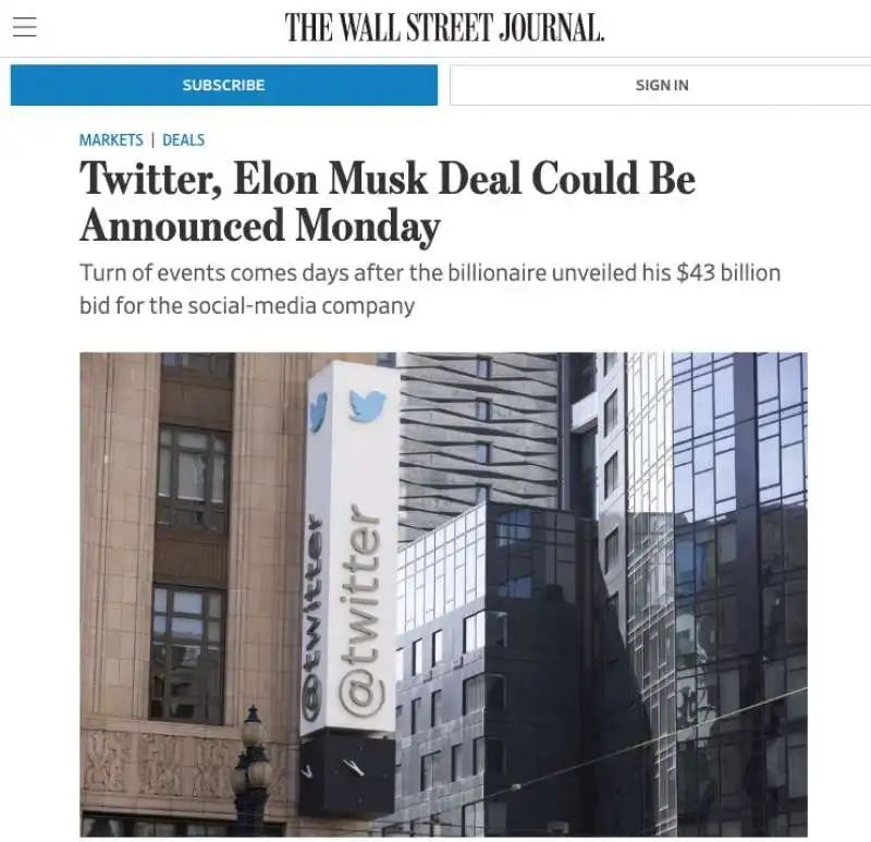 SCOOP DEL WALL STREET JOURNAL SULL ACCORDO TRA ELON MUSK E TWITTER