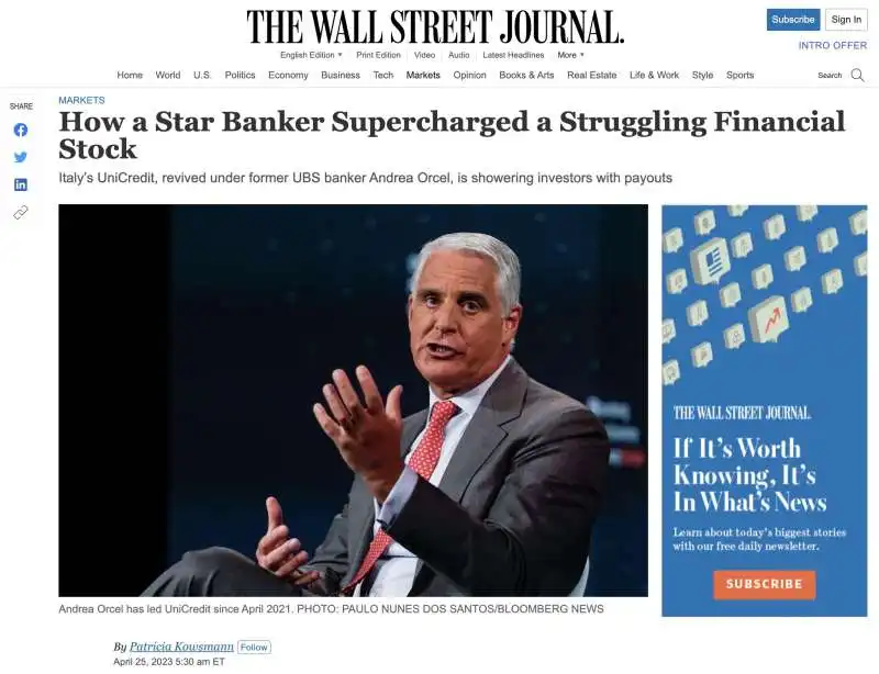 ARTICOLO DEL WALL STREET JOURNAL SU ANDREA ORCEL STAR-BANKER