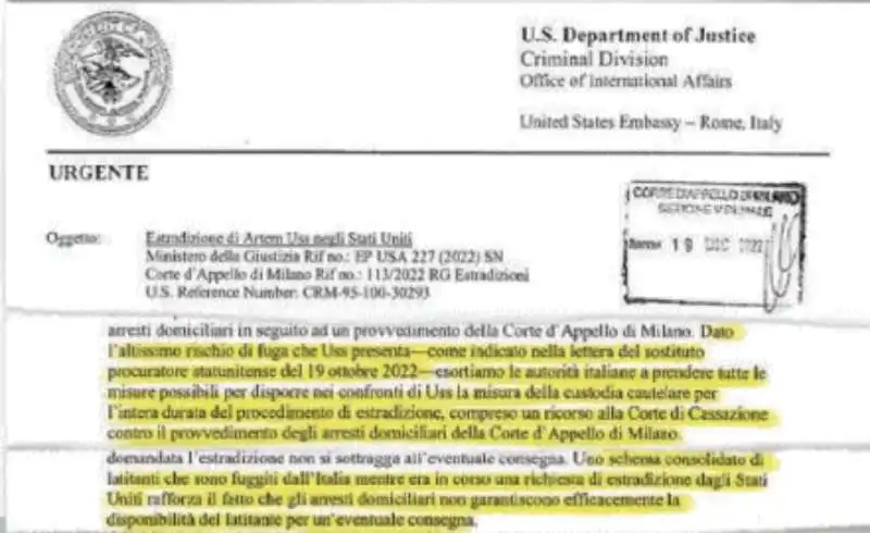 CASO ARTEM USS - LETTERA DEL DIPARTIMENTO DI GIUSTIZIA USA 