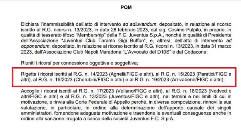 IL COLLEGIO DI GARANZIA RESPINGE IL RICORSO DI AGNELLI PARATICI CHERUBINI E ARRIVABENE