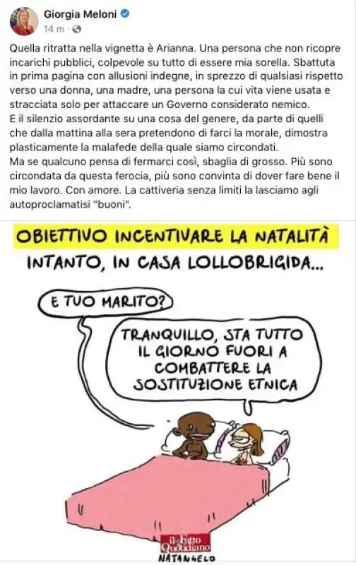 il post di giorgia meloni sulla vignetta del fatto quotidiano sulla sorella arianna