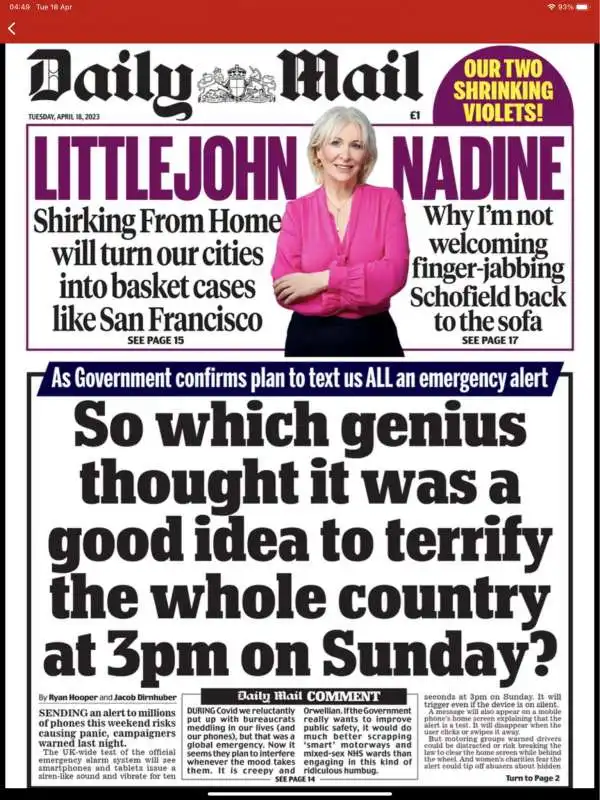 LA PRIMA PAGINA DEL DAILY MAIL CONTRO IL TEST ALLARME SUI TELEFONI BRITANNICI 