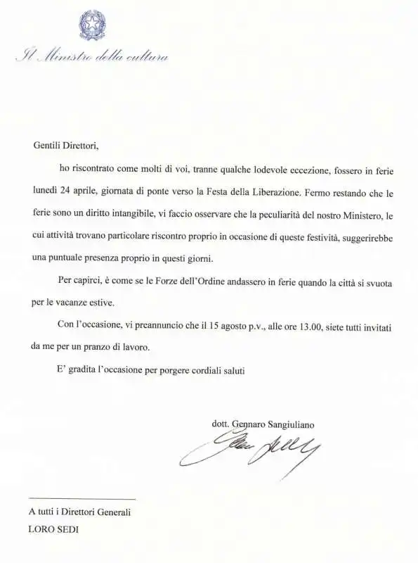 LETTERA DEL MINISTRO SANGIULIANO PER IL PONTE DEL 25 APRILE