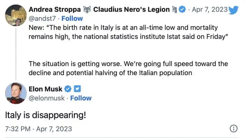 TWEET ELON MUSK ANDREA STROPPA SULLA DENATALITA IN ITALIA