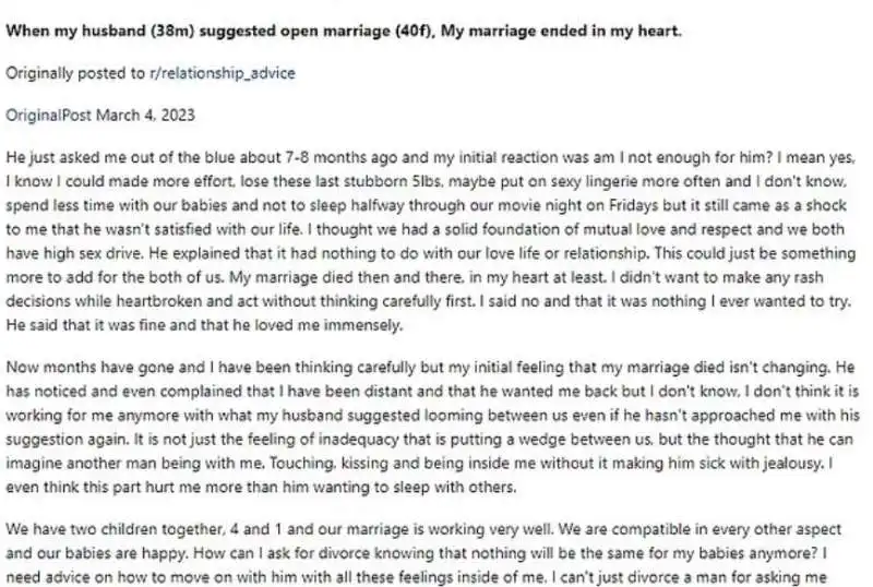 UNA 40ENNE CHIEDE CONSIGLIO SU UN MATRIMONIO APERTO - REDDIT