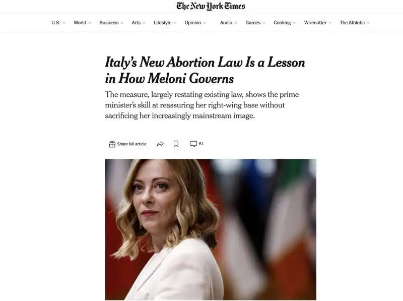 ARTICOLO DEL NEW YORK TIMES SU GIORGIA MELONI 