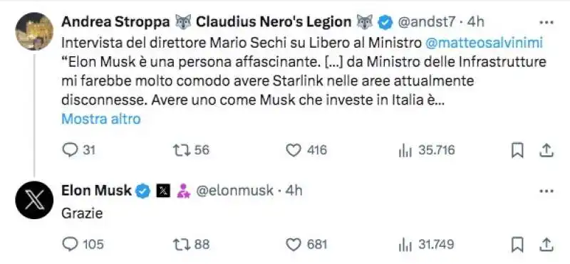 ELON MUSK RINGRAZIA MATTEO SALVINI