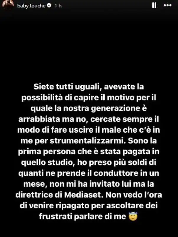 la storia instagram di baby touche dopo il telescazzo con paolo del debbio 