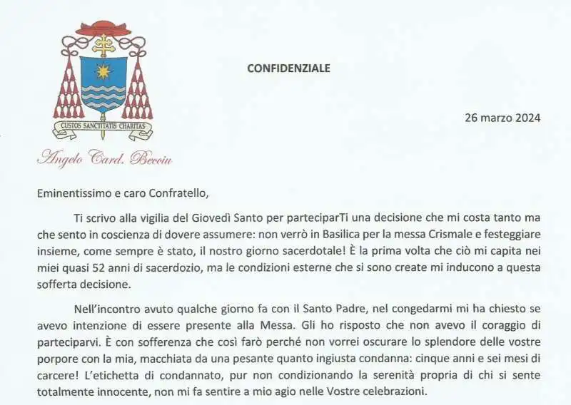 LETTERA DI ANGELO BECCIU AL COLLEGIO CARDINALIZIO 