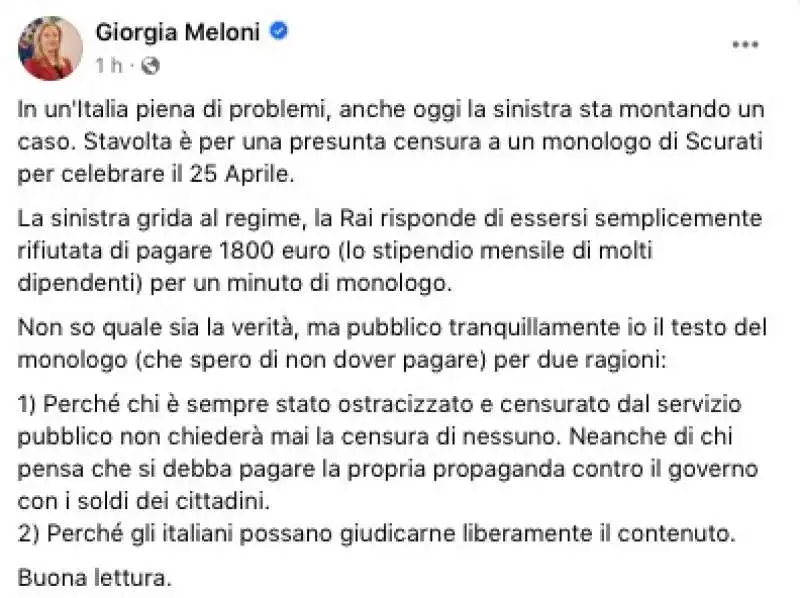 POST DI GIORGIA MELONI SUL CASO SCURATI