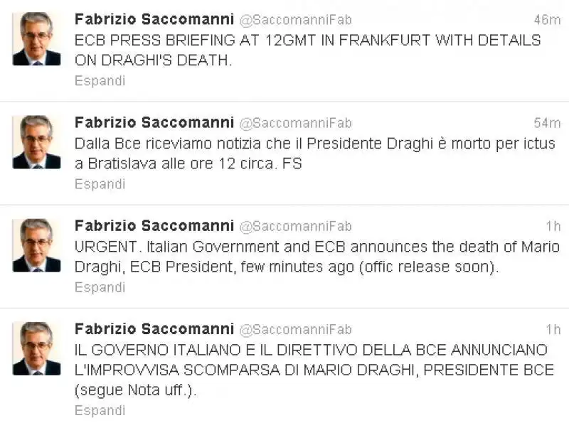 TWEET DI UN FINTO SACCOMANNI SULLA MORTE DI DRAGHI