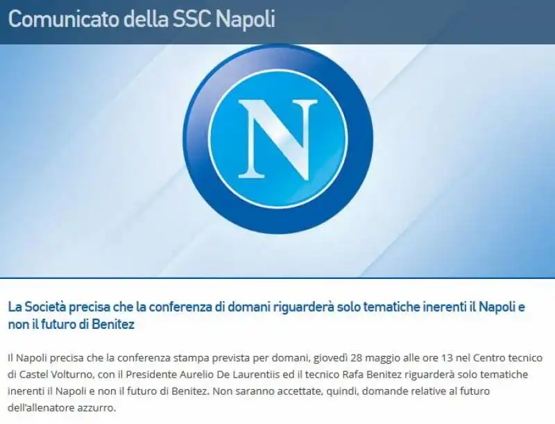 IL COMUNICATO DEL NAPOLI SULLA CONFERENZA STAMPA DE LAURENTIIS BENITEZ