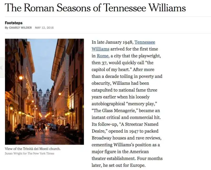 new york times articolo su roma e la dolce vita tennessee williams