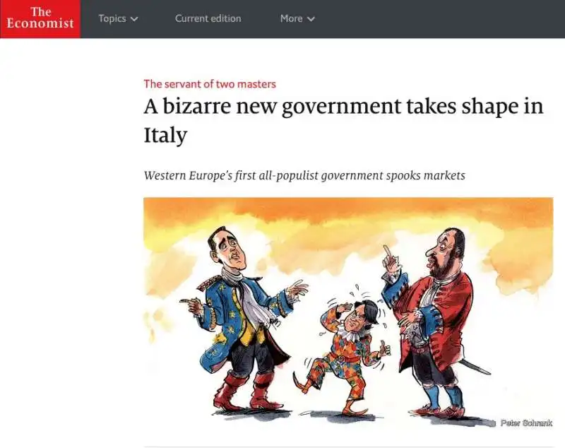 GIUSEPPE CONTE COME ARLECCHINO SERVO DI DUE PADRONI LUIGI DI MAIO E MATTEO SALVINI THE ECONOMIST