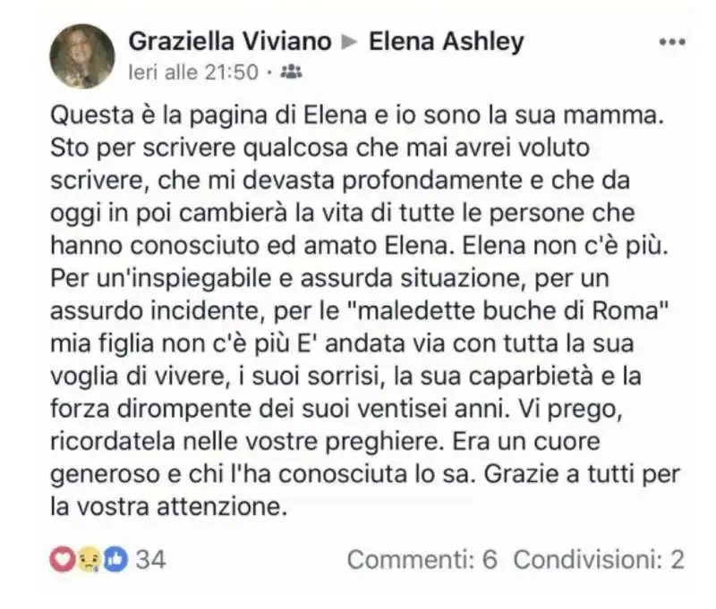 il post della mamma di elena aubry