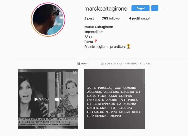 IL FINTO PROFILO DI MARK CALTAGIRONE ANNUNCIA LA FINE DELLA STORIA