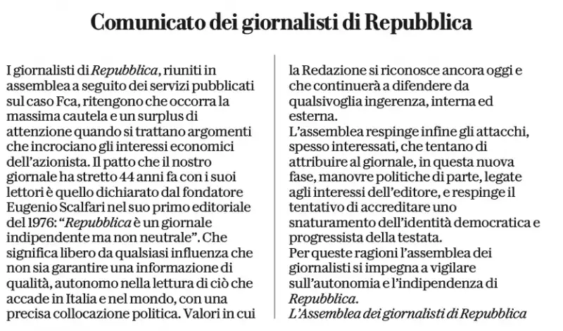 COMUNICATO DEI GIORNALISTI DI REPUBBLICA SUL PRESTITO DI FCA