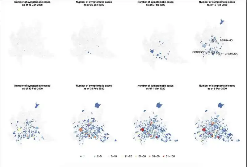 Coronavirus - Distribuzione geografica dei casi - date di insorgenza dei sintomi in Lombardia 