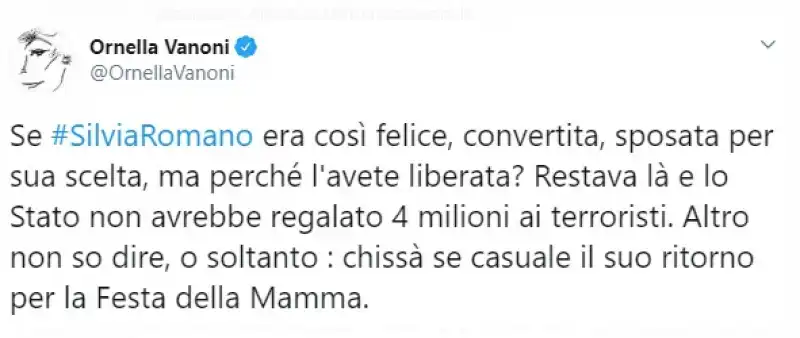 il tweet di ornella vanoni sulla liberazione di silvia romano