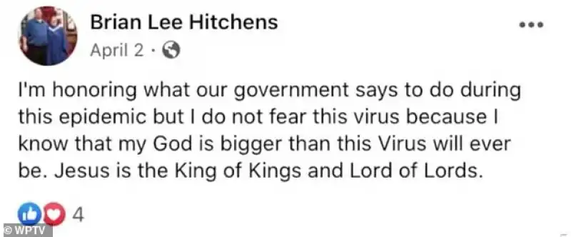 Post di Brian Lee Hitchens prima del virus