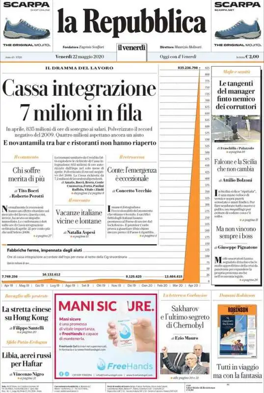 PRIMA PAGINA REPUBBLICA 22 MAGGIO 2020