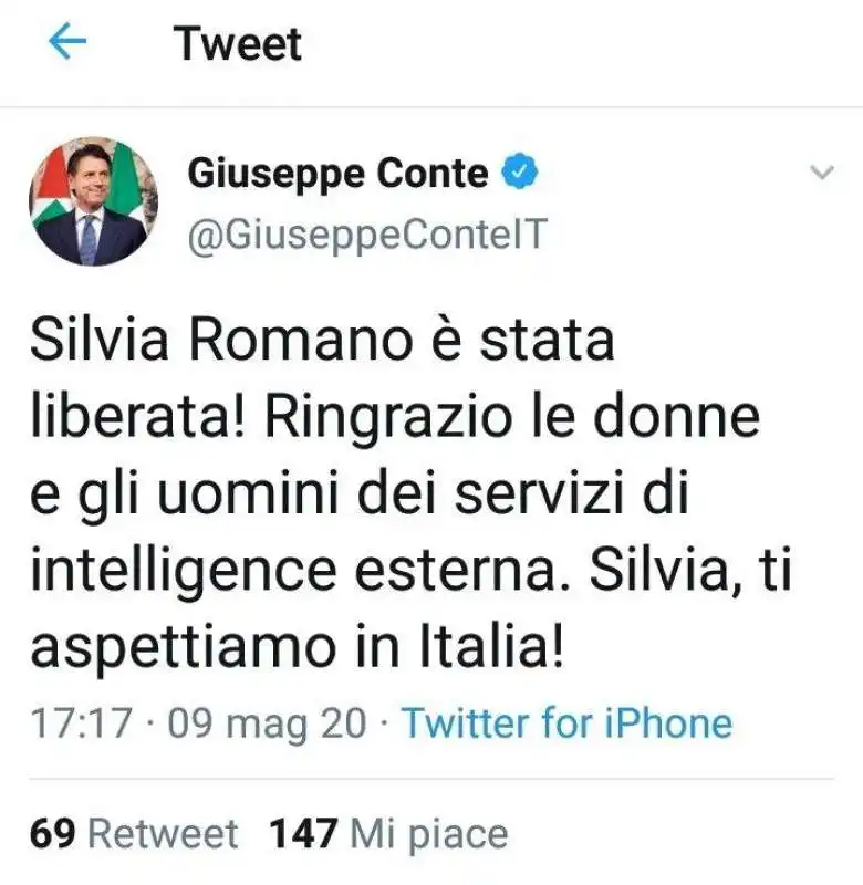 Il secondo tweet di Conte su Silvia Romano nel quale ringrazia i servizi di intelligence 