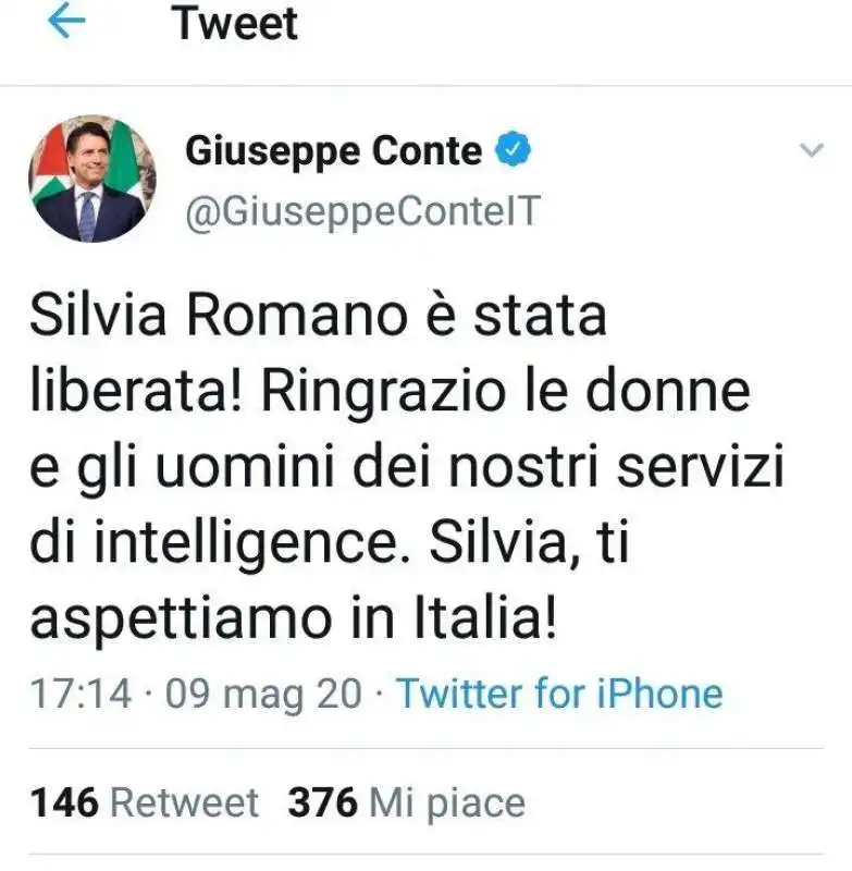 Il primo tweet di Conte su Silvia Romano nel quale ringrazia i servizi di intelligence ma senza indicare quale servizio aveva portato a compimento l'operazione