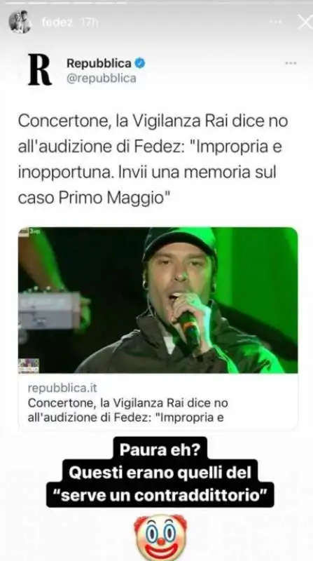 fedez invia le emoji di pagliacci alla rai