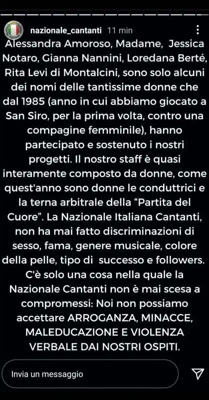 il messaggio poi cancellato della nazionale cantanti