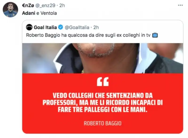 intervista a baggio e reazioni social su adani e ventola