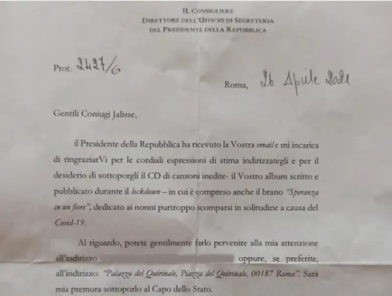 jalisse lettera di mattarella