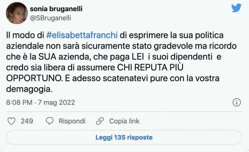 TWEET DI SONIA BRUGANELLI  SUL CASO ELISABETTA FRANCHI 