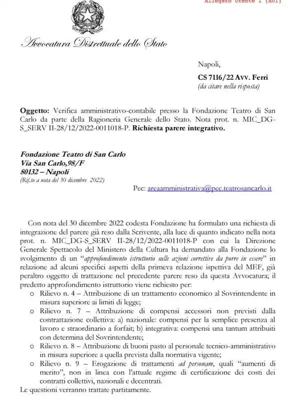 avvocatura dello stato risposta sulla verifica amministrativa al teatro san carlo di napoli     