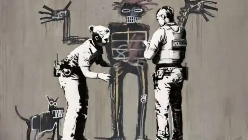 BANKSQUIAT. BOY AND DOG IN STOP AND SEARCH di BANKSY