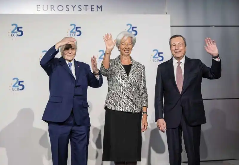 christine lagarde    jean claude trichet    mario draghi   25 anni di bce     