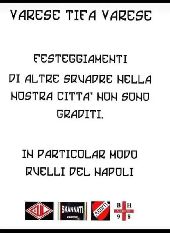 COMUNICATO TIFOSI VARESE  CONTRO I FESTEGGIAMENTI DELLO SCUDETTO DEL NAPOLI