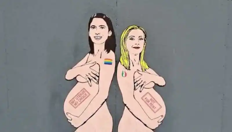 il murale di elly schlein e giorgia meloni nude e incinte a milano 2