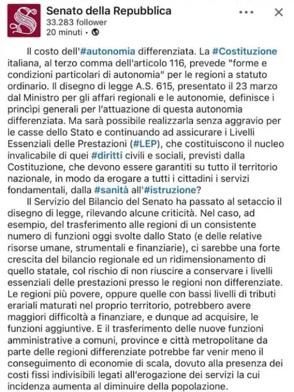 IL POST DEL SENATO SU LINKEDIN CHE BOCCIA L AUTONOMIA DIFFERENZIATA