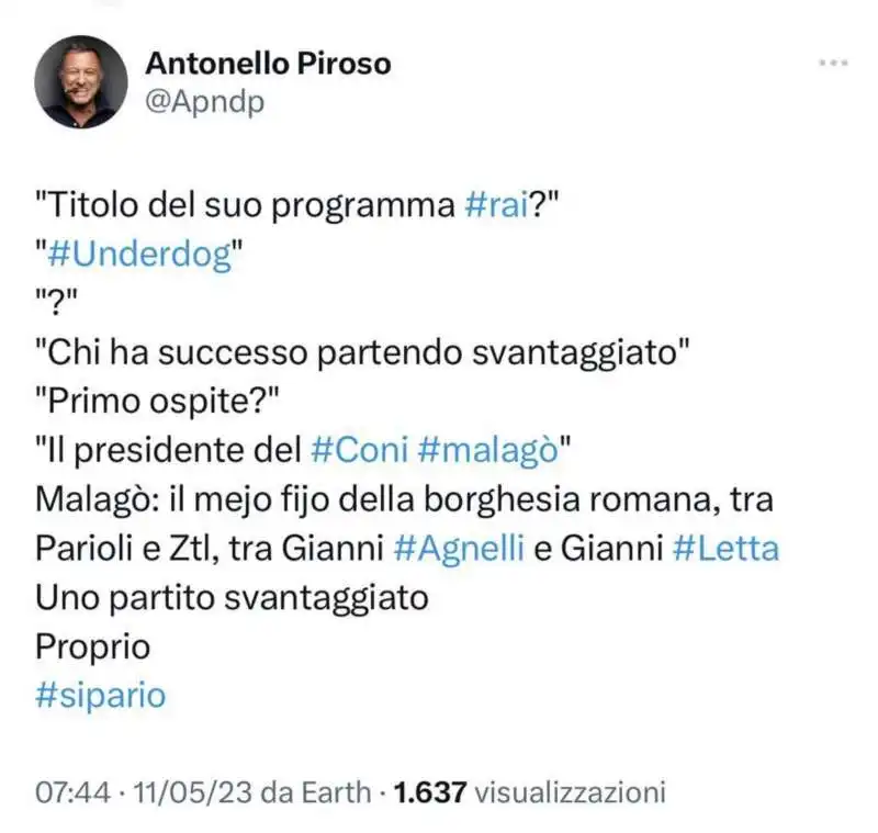 IL TWEET DI ANTONELLO PIROSO SU UNDERDOG LA TRASMISSIONE DI LAURA TECCE