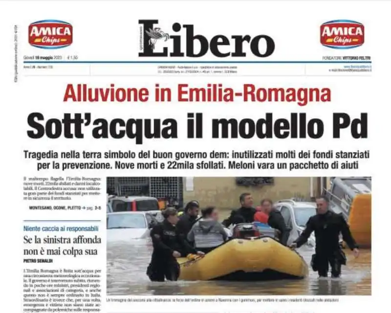 SOTT ACQUA IL MODELLO PD - L ALLUVIONE IN EMILIA ROMAGNA VISTA DA LIBERO - PRIMA PAGINA 18 MAGGIO 2023